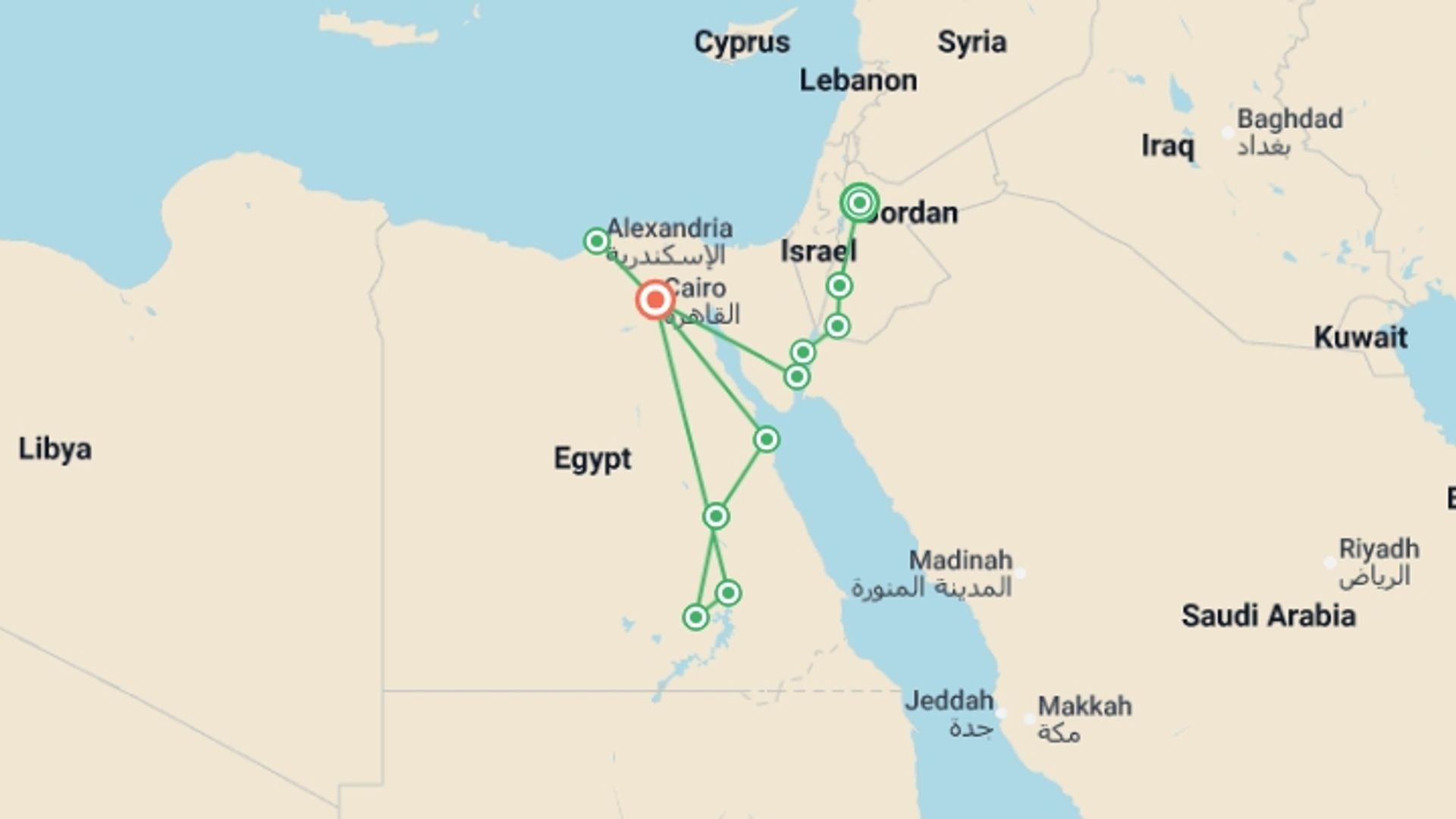 A map showing the tour itinerary for the trip: Jordan & Egypt Uncovered, starting in Amman, Jordan and ending in Cairo, Egypt going through 9 other destinations.