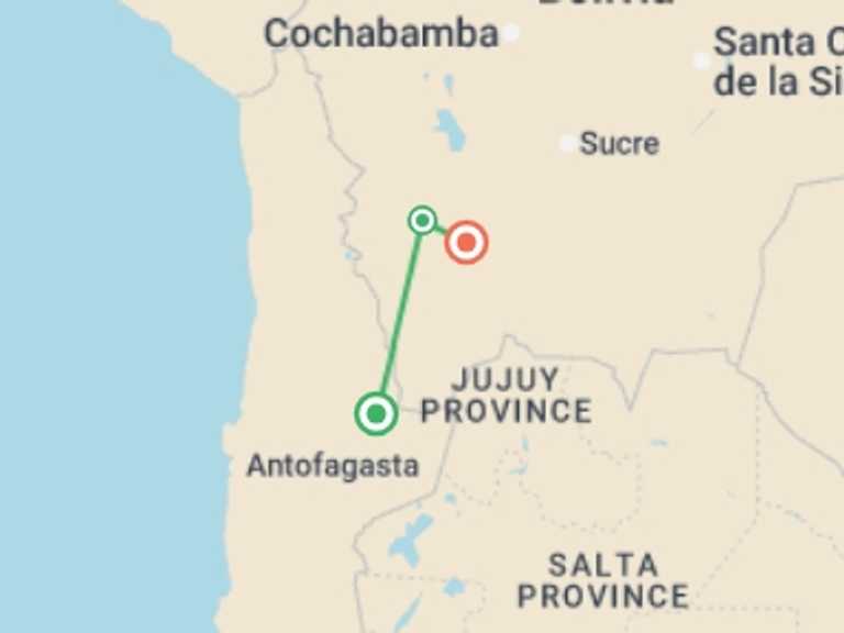 Map of San Pedro De Atacama Adventure Tour with 4 destination visits for the trip: Uyuni Salt Flats & Desert Adventure 3D/2N (Atacama to Uyuni)