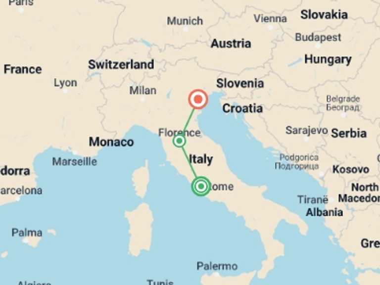 Map of a Wine tasting Tour with 5 destination visits for the trip: Best of Rome, Florence & Venice