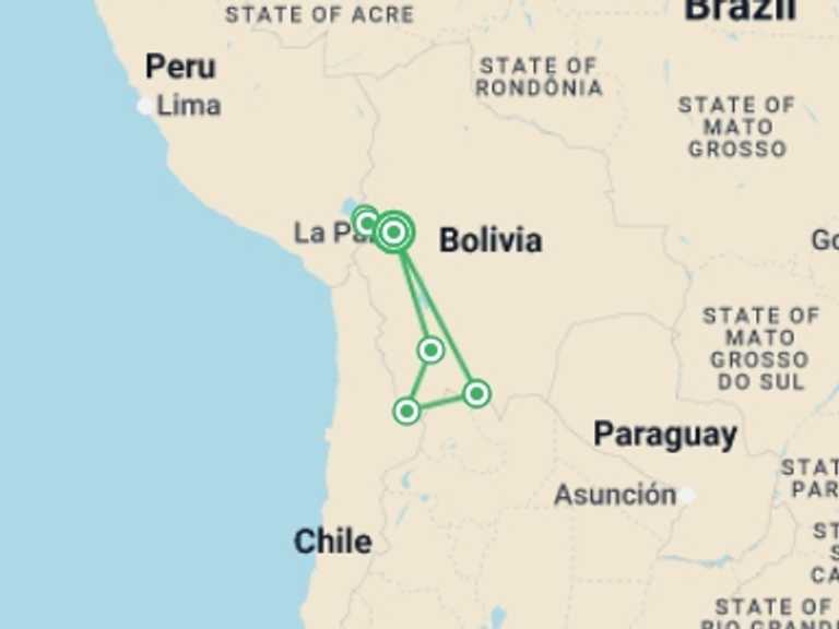 Map itinerary of Mexico Tour in January 2027 with 6 destination visits for the trip: Bolivia Explorer 8D/7N