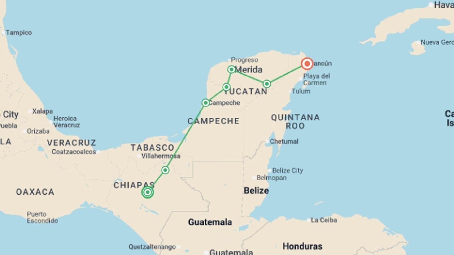 A map showing the tour itinerary for the trip: Best Of Chiapas & Yucatan With The Maya Train, Italian-speaking Guide, starting in San Cristobal De Las Casas, Mexico and ending in Cancún, Mexico going through 4 other destinations.