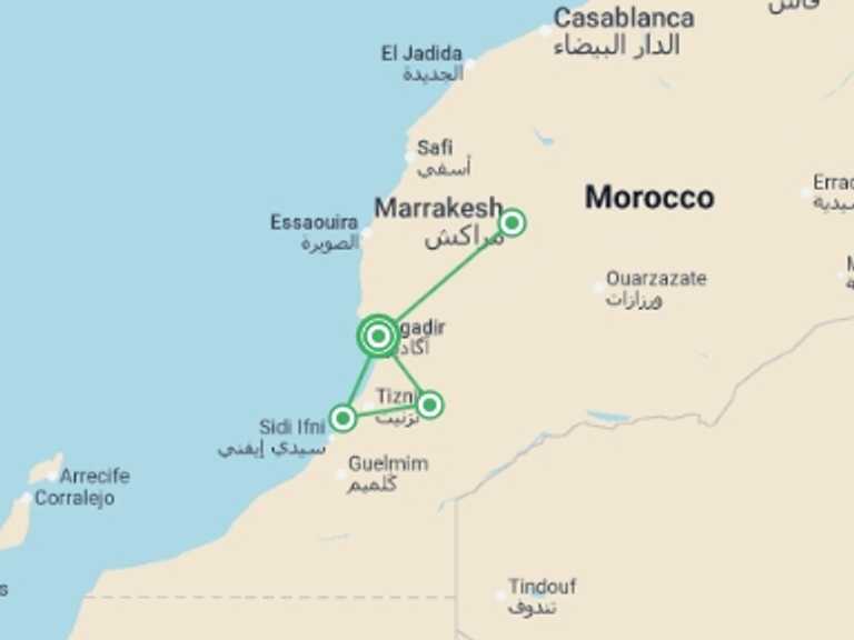 Map itinerary of Mediterranean Tour in July 2026 with 4 destination visits for the trip: Agadir & Southern Beaches - 6 days