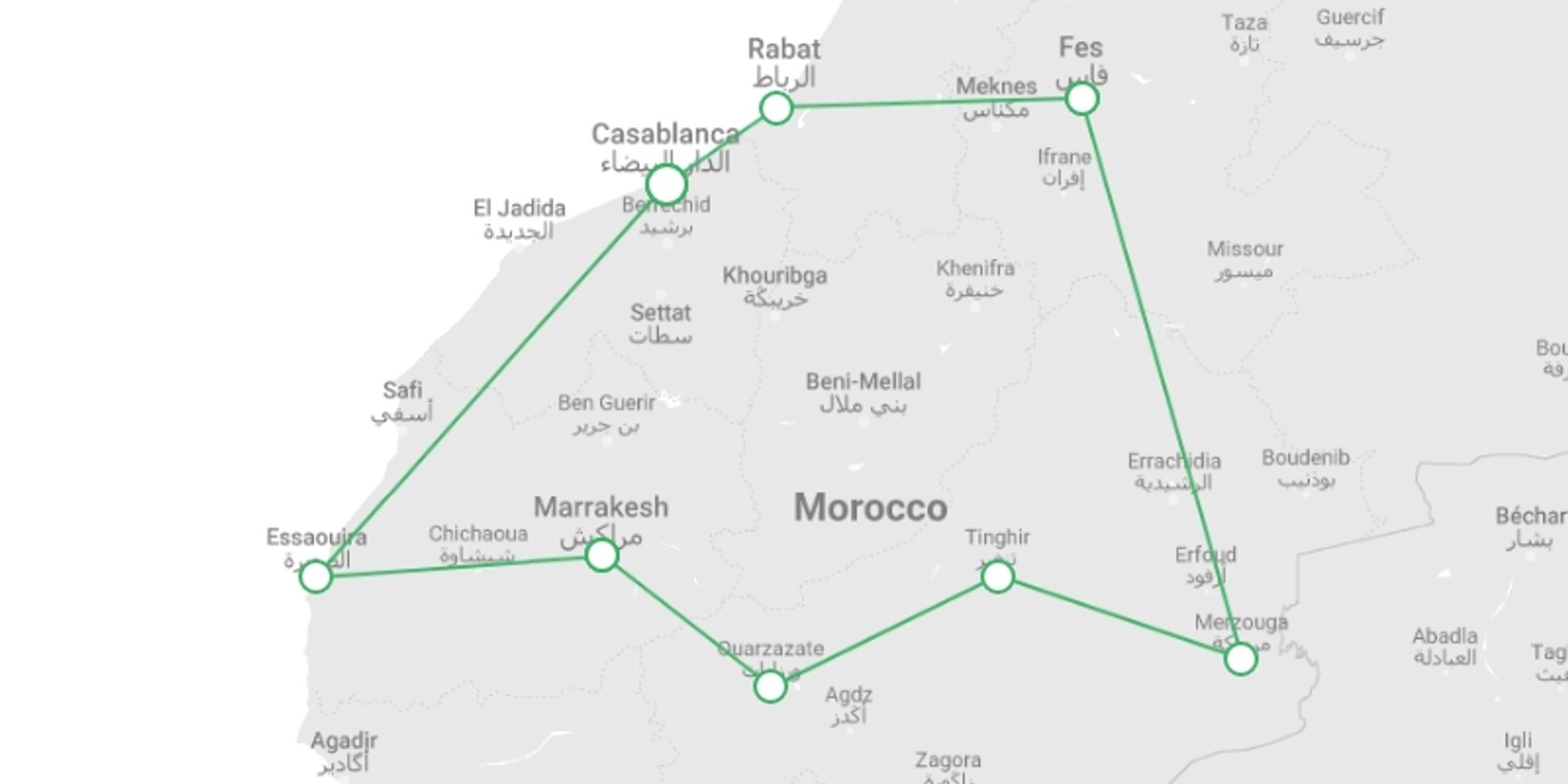 A map showing the tour itinerary for the trip: Morocco Luxury Escape , starting in Casablanca, Morocco and ending in Casablanca, Morocco going through 11 other destinations.