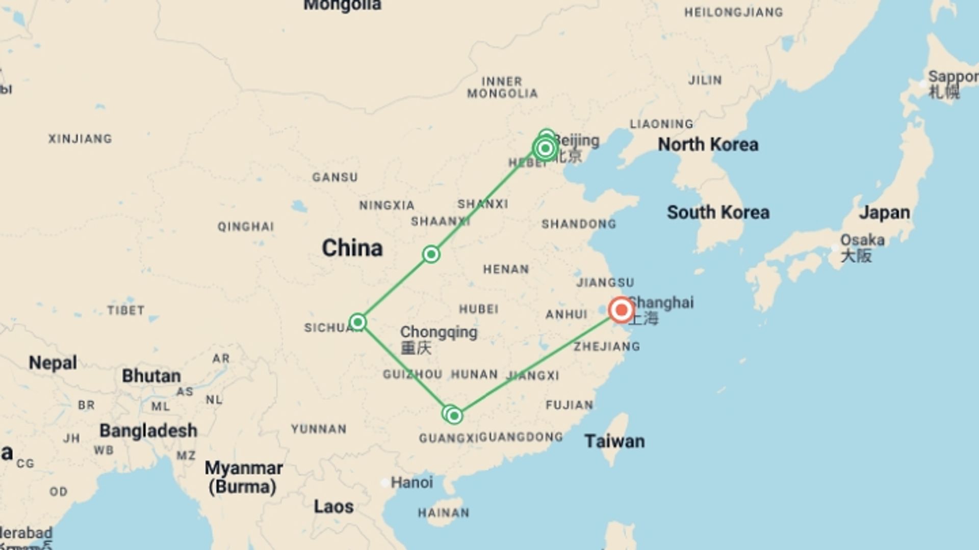 A map showing the tour itinerary for the trip: China Grand Cities & Pandas - 12 days, starting in Beijing, China and ending in Shanghai, China going through 5 other destinations.