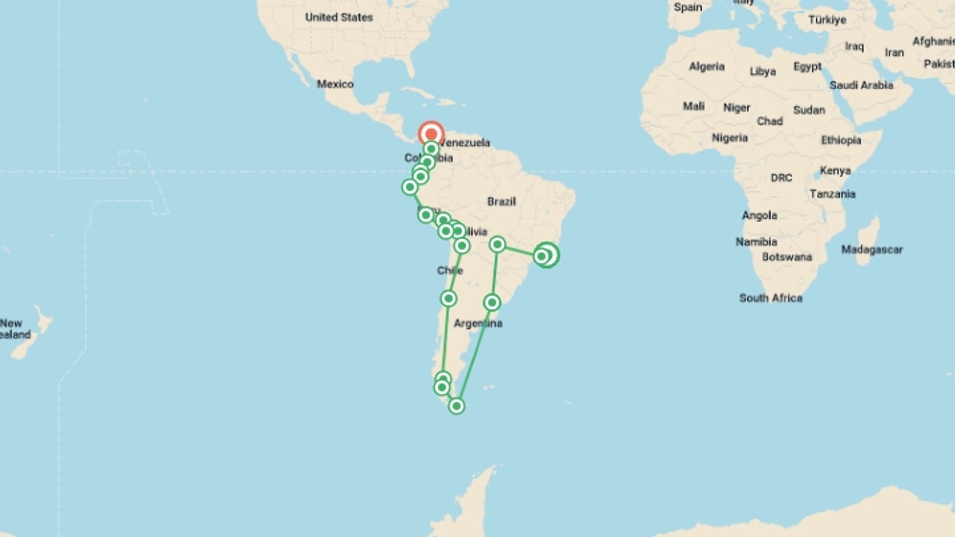 A map showing the tour itinerary for the trip: RIO TO CARTAGENA (19 WEEKS) KINGDOMS & CARNIVALS, starting in Rio de Janeiro, Brazil and ending in Cartagena, Colombia going through 19 other destinations.