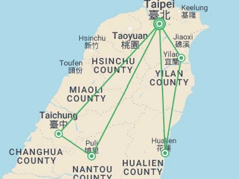 Map of a Museum and gallery visits Tour with 5 destination visits for the trip: Explore Taiwan