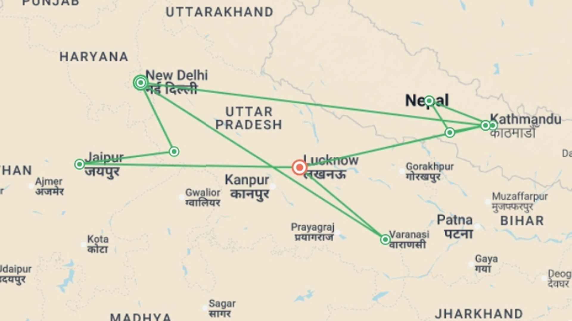 A map showing the tour itinerary for the trip: Premium India & Nepal, starting in New Delhi, India and ending in Lucknow, India going through 7 other destinations.