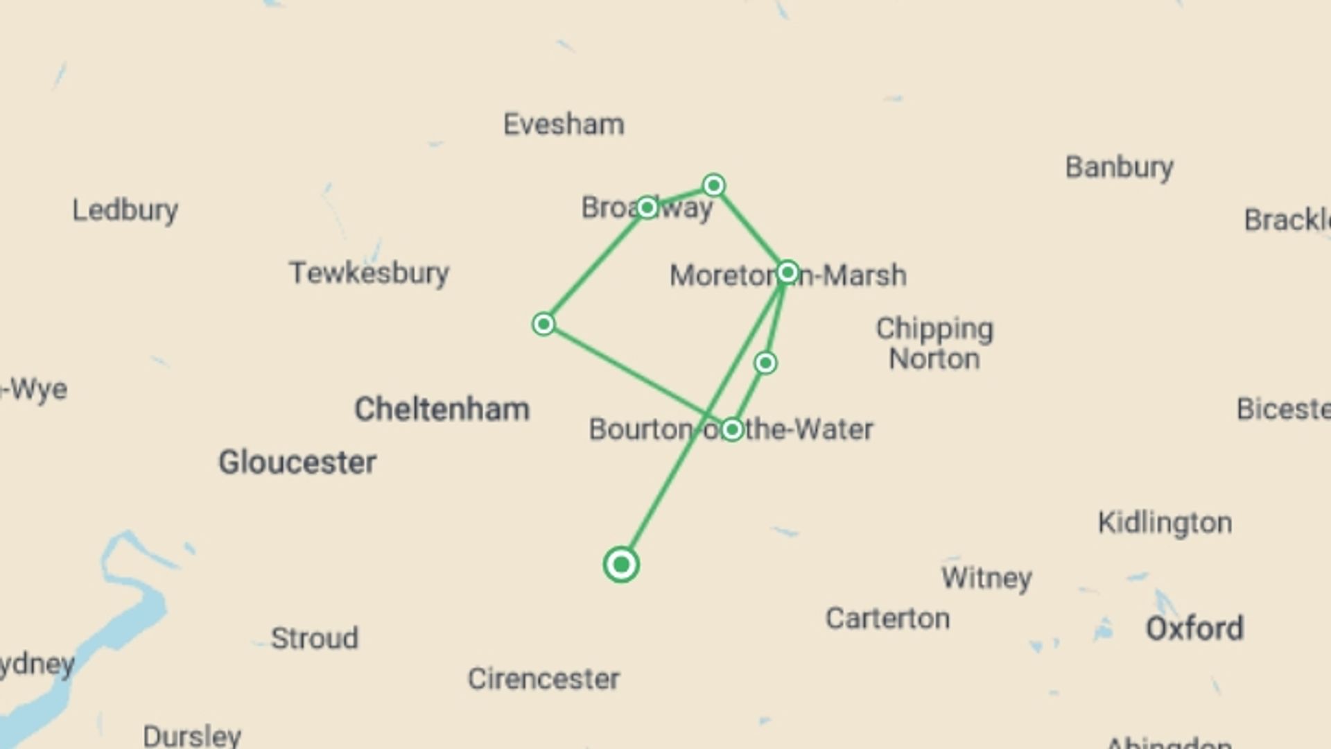 A map showing the tour itinerary for the trip: Best of the Cotswolds Self-Guided Walk, starting in Cotswolds, England and ending in Cotswolds, England going through 7 other destinations.