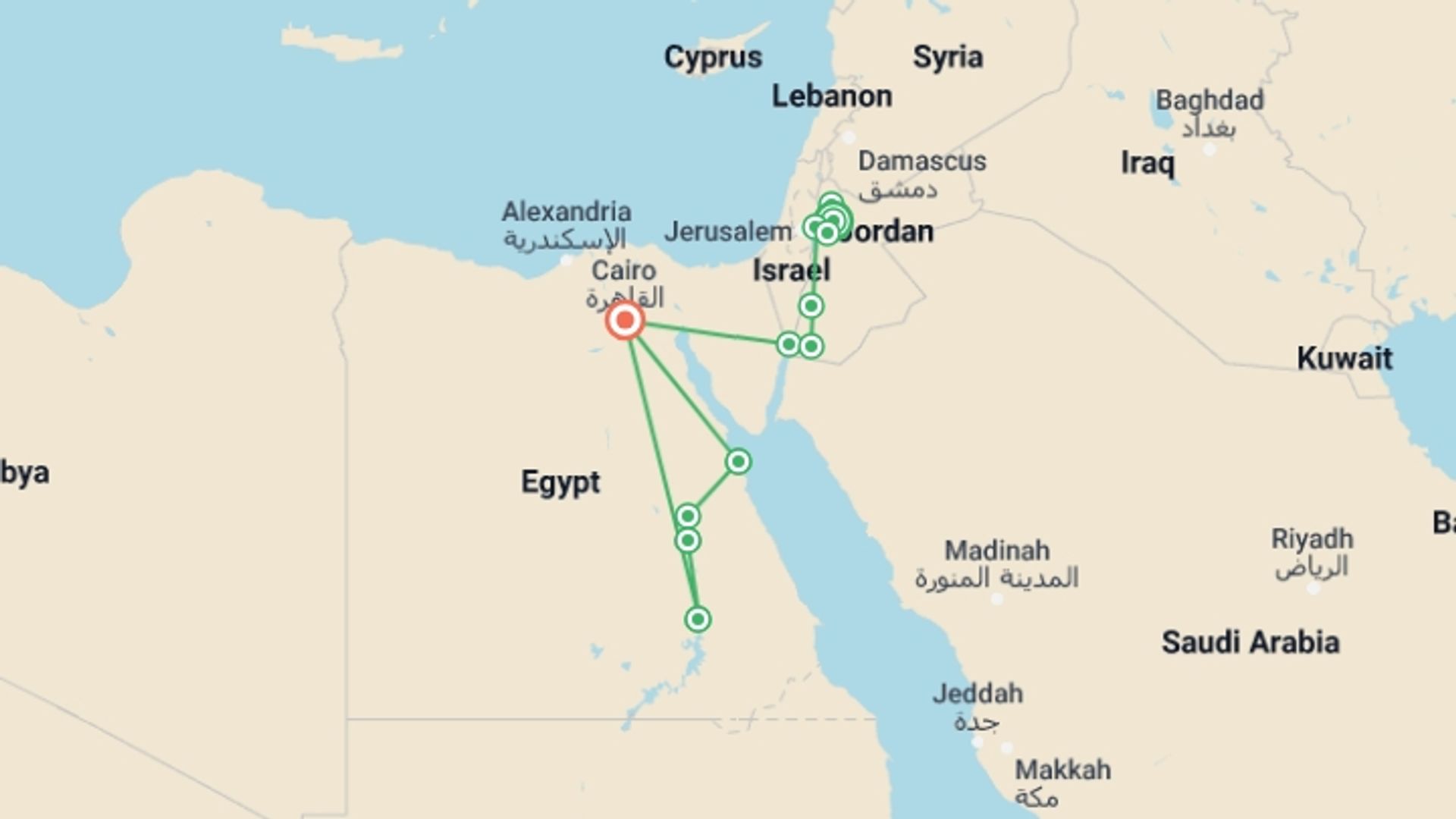 A map showing the tour itinerary for the trip: Magical Jordan, Beauties of the Nile and Hurghada end Cairo, starting in Amman, Jordan and ending in Cairo, Egypt going through 10 other destinations.