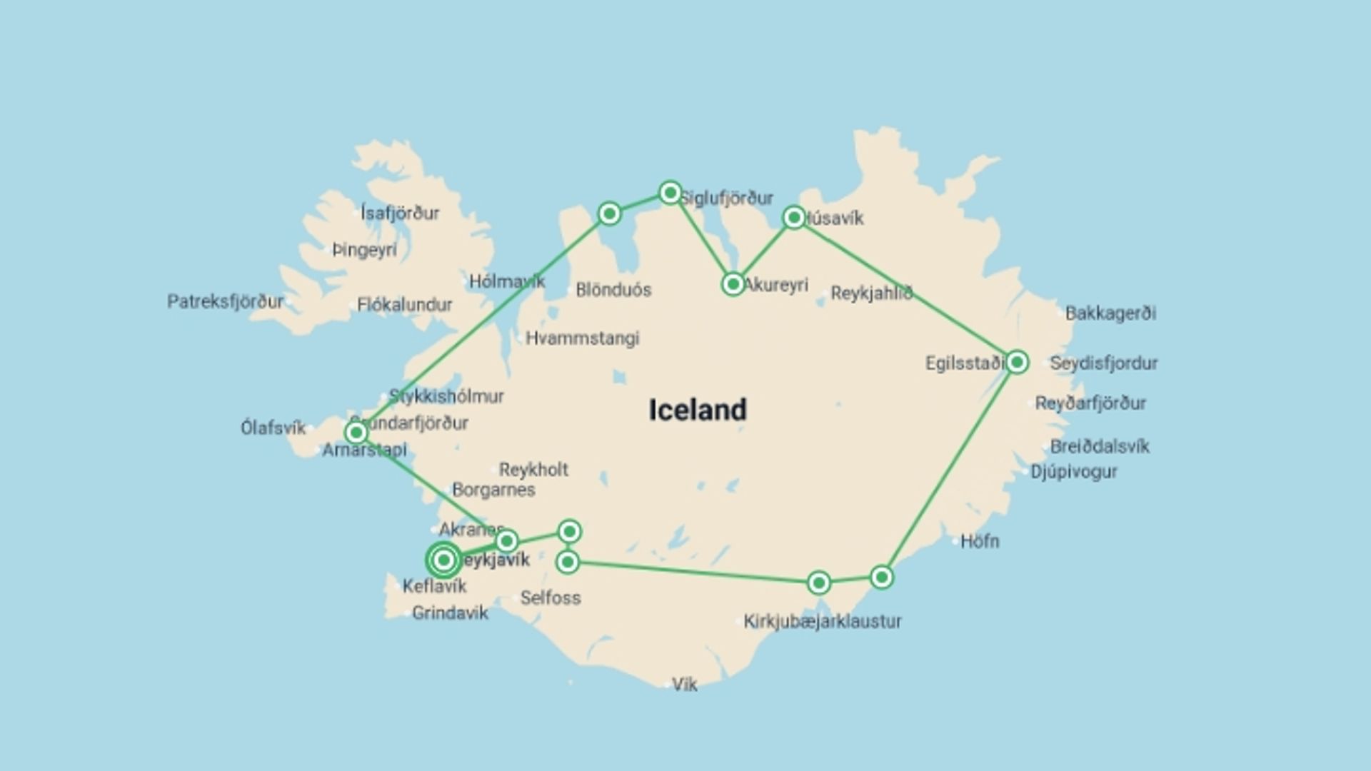 A map showing the tour itinerary for the trip: Premium Iceland, starting in Reykjavik, Iceland and ending in Reykjavik, Iceland going through 6 other destinations.