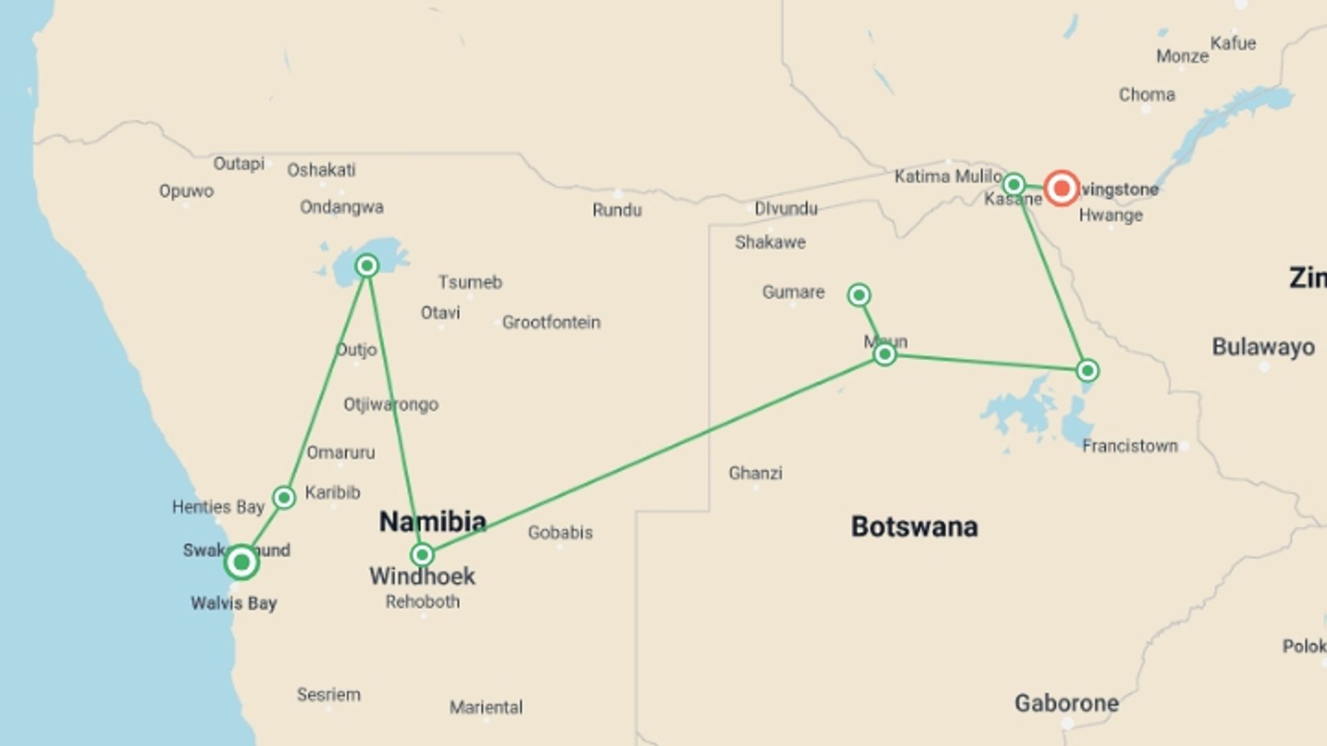 A map showing the tour itinerary for the trip: 12-day Etosha  Okavango Delta Express Camping, starting in Swakopmund, Namibia and ending in Livingstone, Zambia going through 7 other destinations.