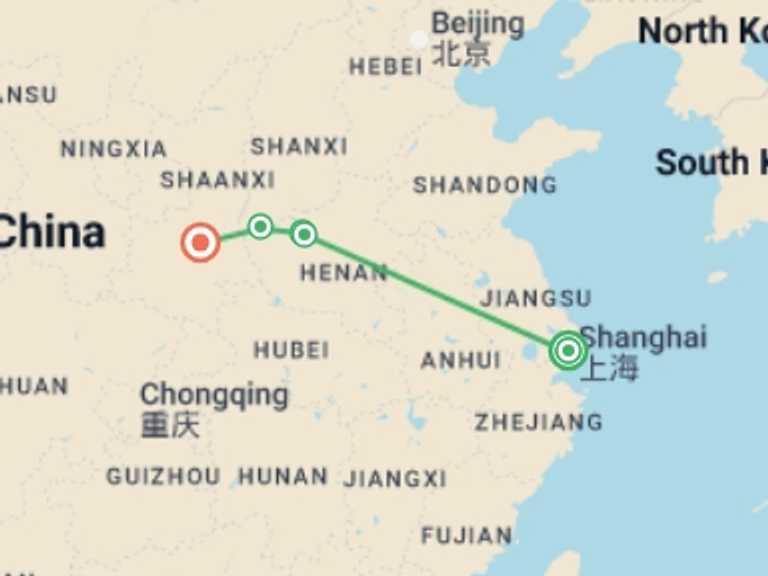 Map itinerary of China Tour in January 2027 with 3 destination visits for the trip: Classical China end Xian