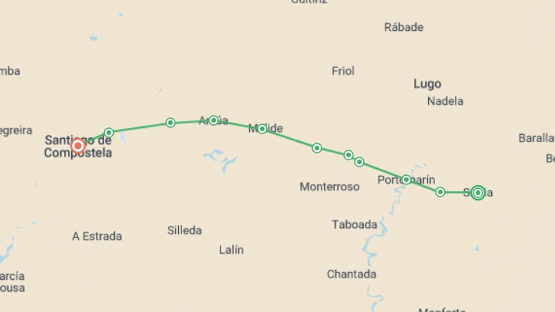 A map showing the tour itinerary for the trip: Camino - Sarria to Santiago Rambler, starting in Sarria, Spain and ending in Santiago De Compostela, Spain going through 8 other destinations.