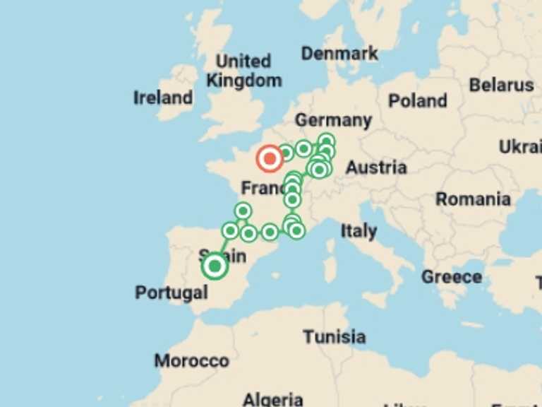 Map itinerary of Mediterranean Tour in Summer with 10 destination visits for the trip: Spain, Burgundy, Alsace and Black Forest