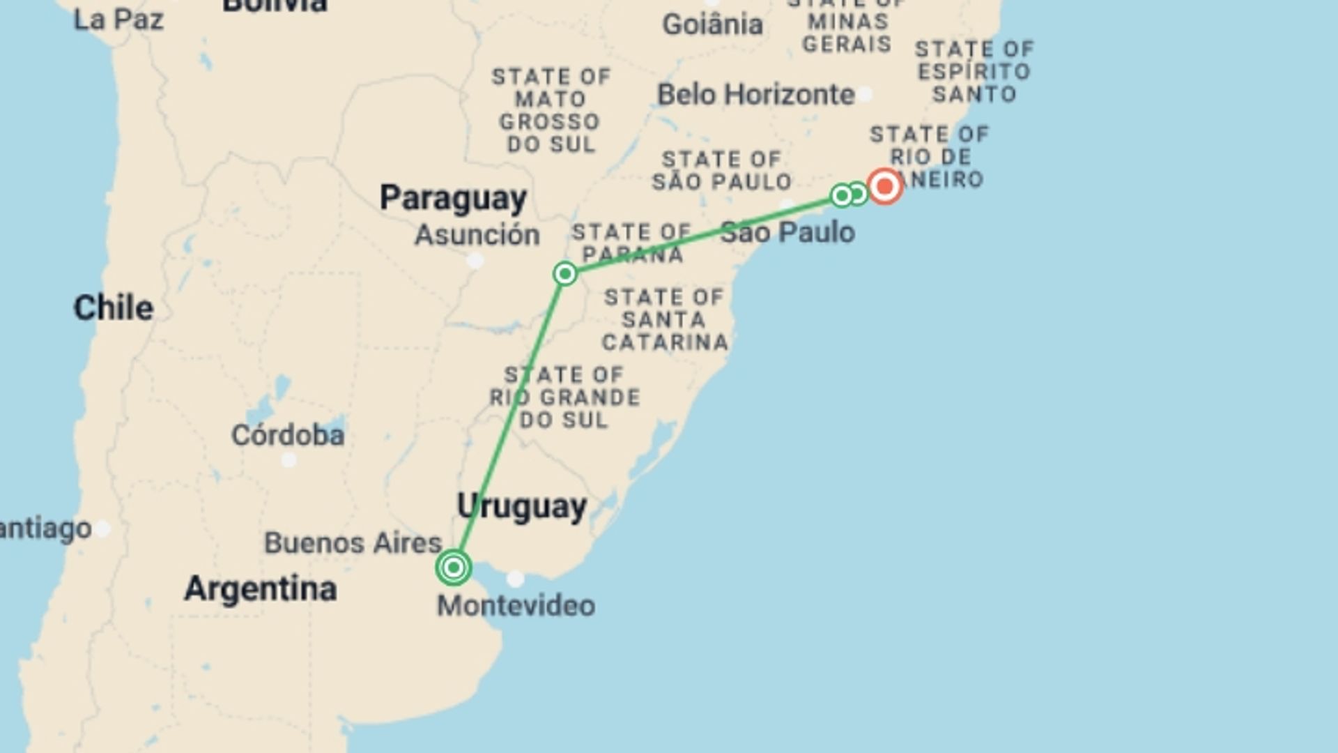 A map showing the tour itinerary for the trip: Iguassu & Beyond, starting in Buenos Aires, Argentina and ending in Rio de Janeiro, Brazil going through 3 other destinations.
