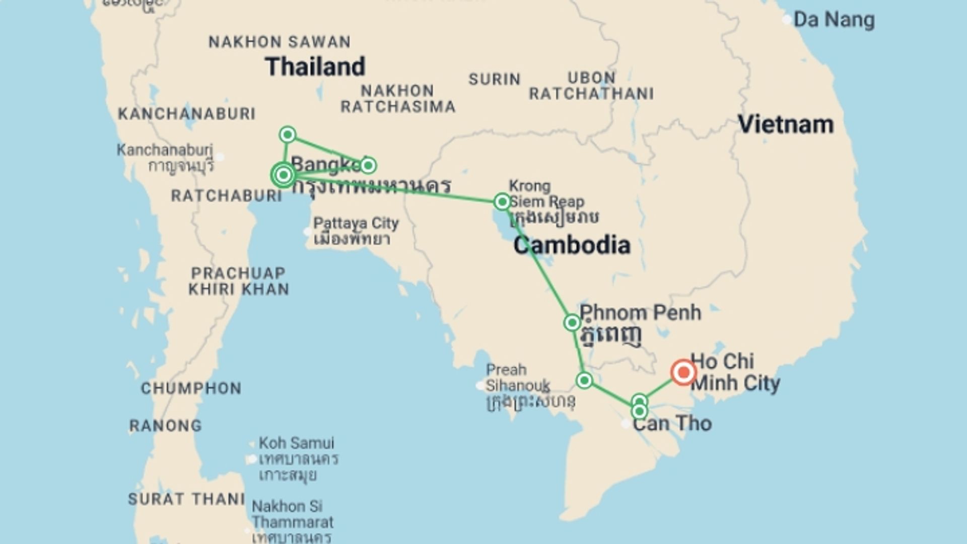 A map showing the tour itinerary for the trip: Cycle Southeast Asia, starting in Bangkok, Thailand and ending in Ho Chi Minh City, Vietnam going through 6 other destinations.