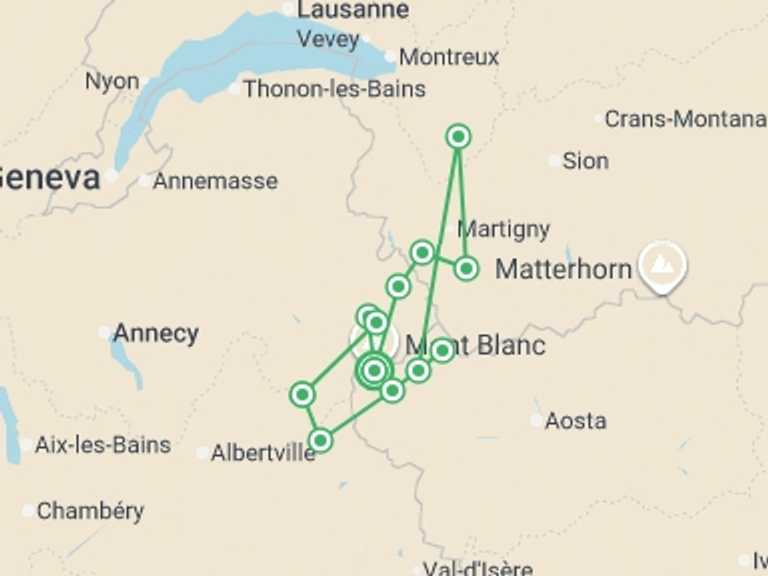 Map of a Trekking and Hiking Tour with 12 destination visits for the trip: Tour du Mont Blanc Camping Trek