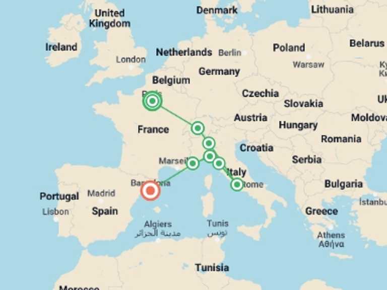 Map itinerary of Paris Tour in October 2026 with 6 destination visits for the trip: Paris to Barcelona: Tapas & Train Rides
