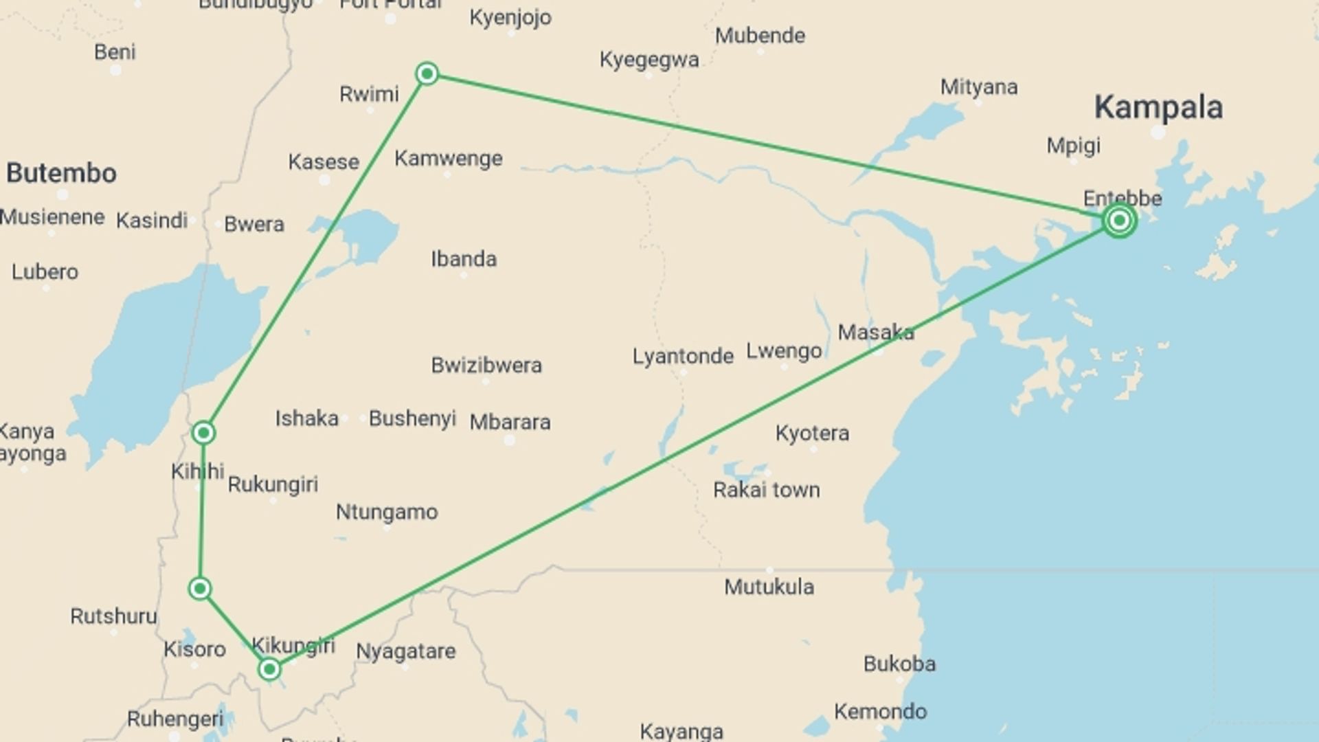 A map showing the tour itinerary for the trip: Primates and Wildlife of Uganda, starting in Entebbe, Uganda and ending in Entebbe, Uganda going through 4 other destinations.