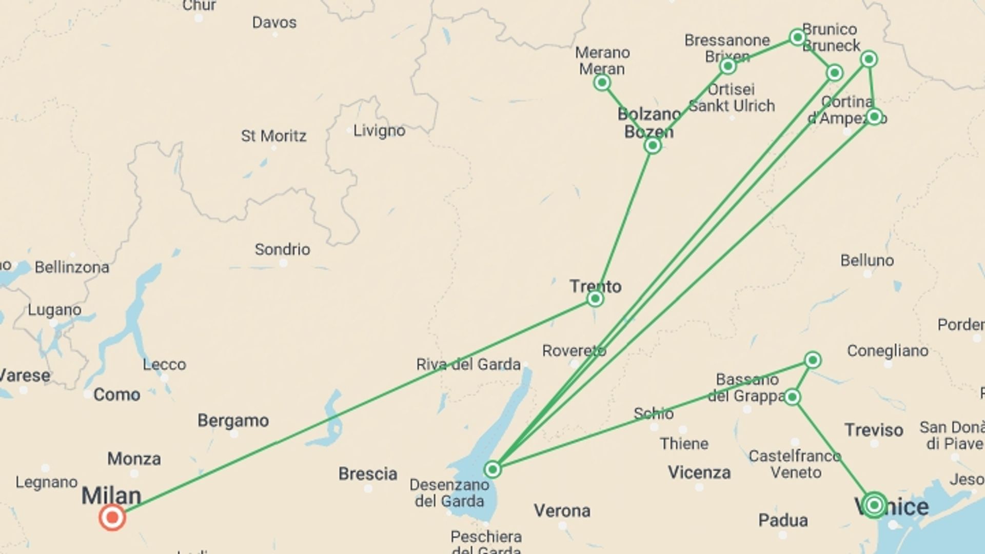 A map showing the tour itinerary for the trip: Delights of the Dolomites, starting in Italy and ending in Italy going through 0 other destinations.