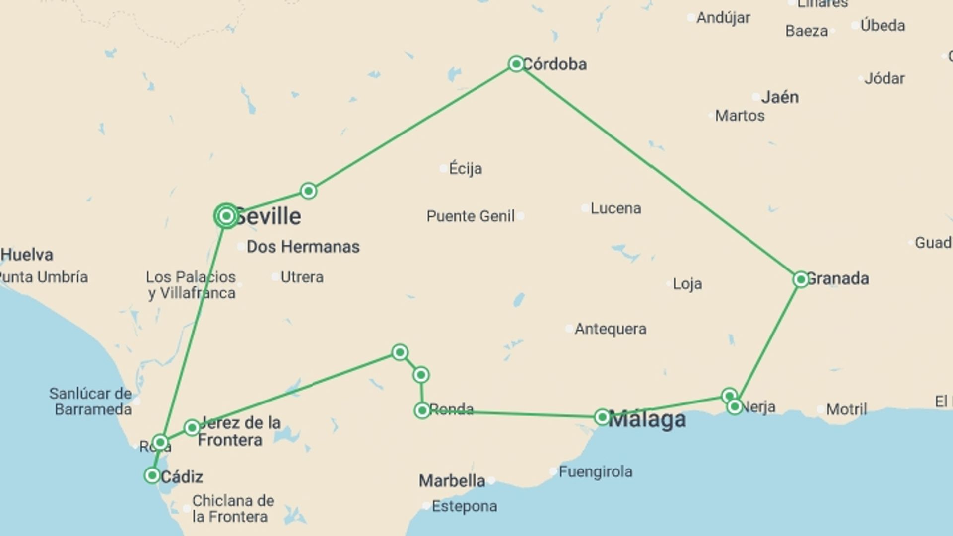 A map showing the tour itinerary for the trip: Discovering the Soul of Andalusia, starting in Seville, Spain and ending in Seville, Spain going through 4 other destinations.