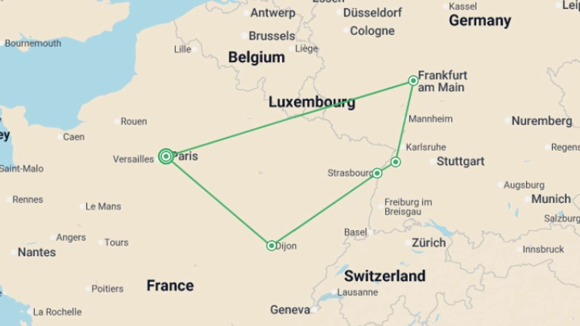 A map showing the tour itinerary for the trip: Burgundy, Alsace and Black Forest End Paris, starting in Paris, France and ending in Paris, France going through 4 other destinations.