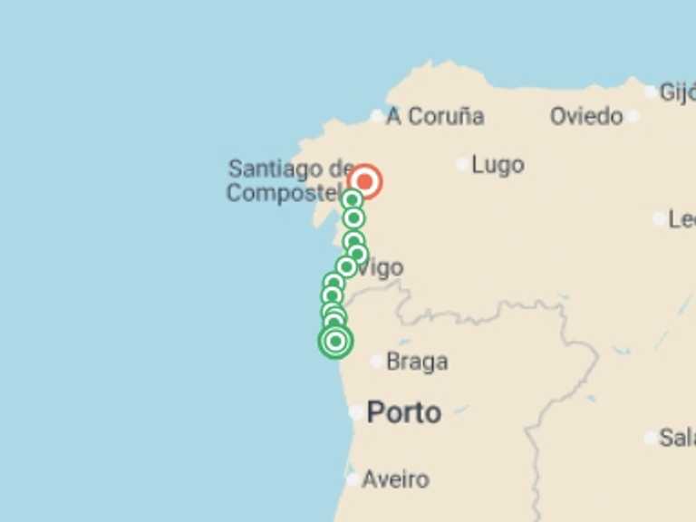 Map itinerary of Europe Tour in August 2026 with 12 destination visits for the trip: Portuguese Coastal Camino - Viana do Castelo to Santiago