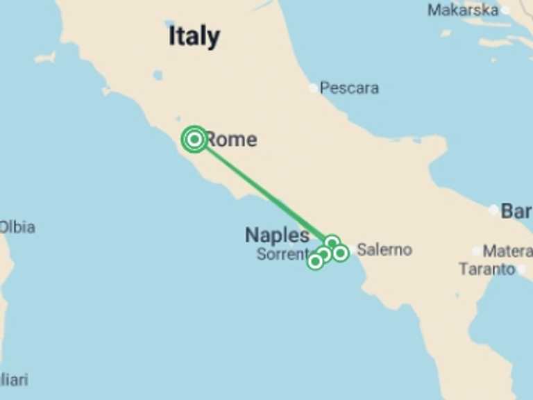 Map itinerary of Italy Tour in June 2026 with 3 destination visits for the trip: Rome, Sorrento & Amalfi Coast (4 Star) - 10 days
