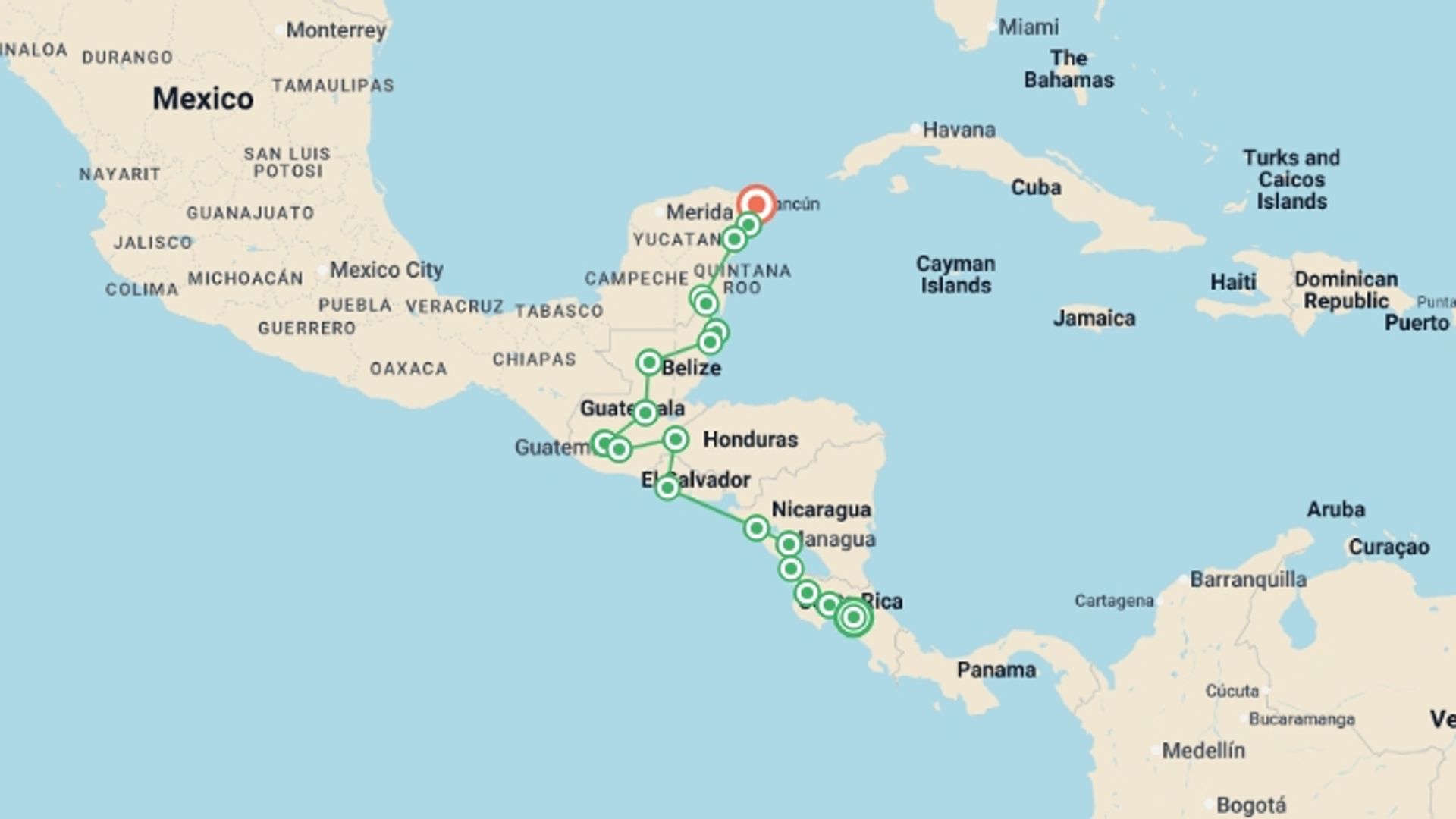 A map showing the tour itinerary for the trip: San Jose to Cancun Travel Pass, starting in San Jose, Costa Rica and ending in Cancún, Mexico going through 18 other destinations.