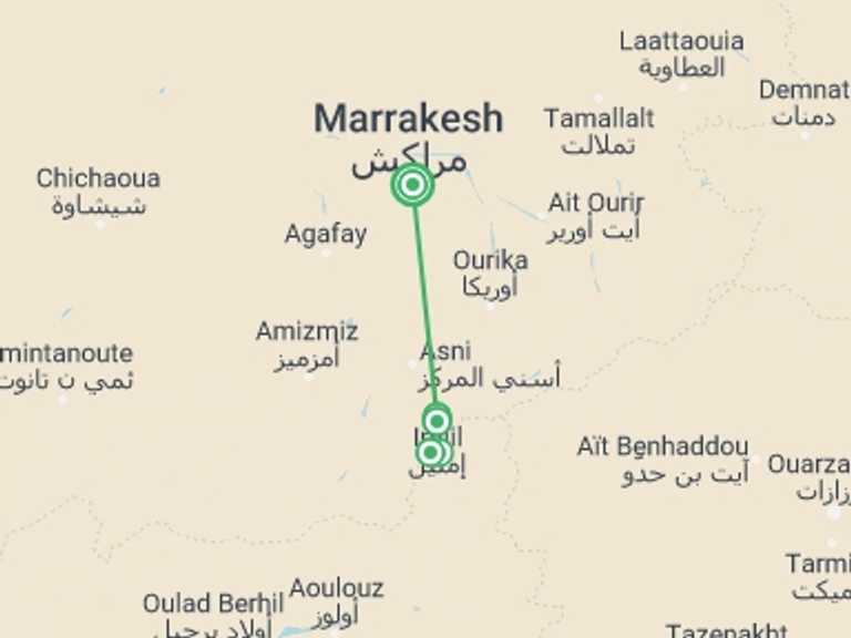 Map itinerary of Marrakech Tour in April 2027 with 5 destination visits for the trip: Mount Toubkal Winter Trek