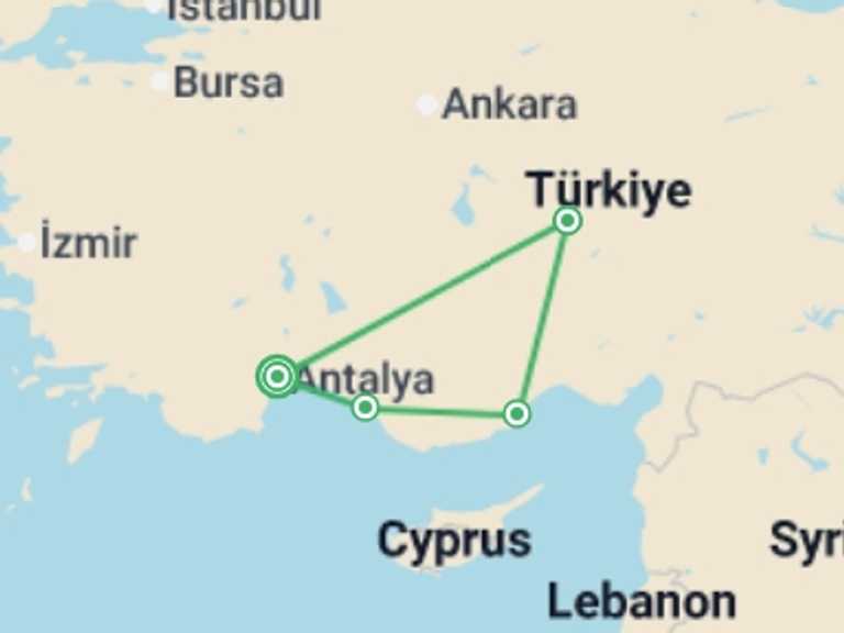 Map itinerary of Mediterranean Tour in July 2026 with 4 destination visits for the trip: From Antalya To Cappadocia, Self-drive