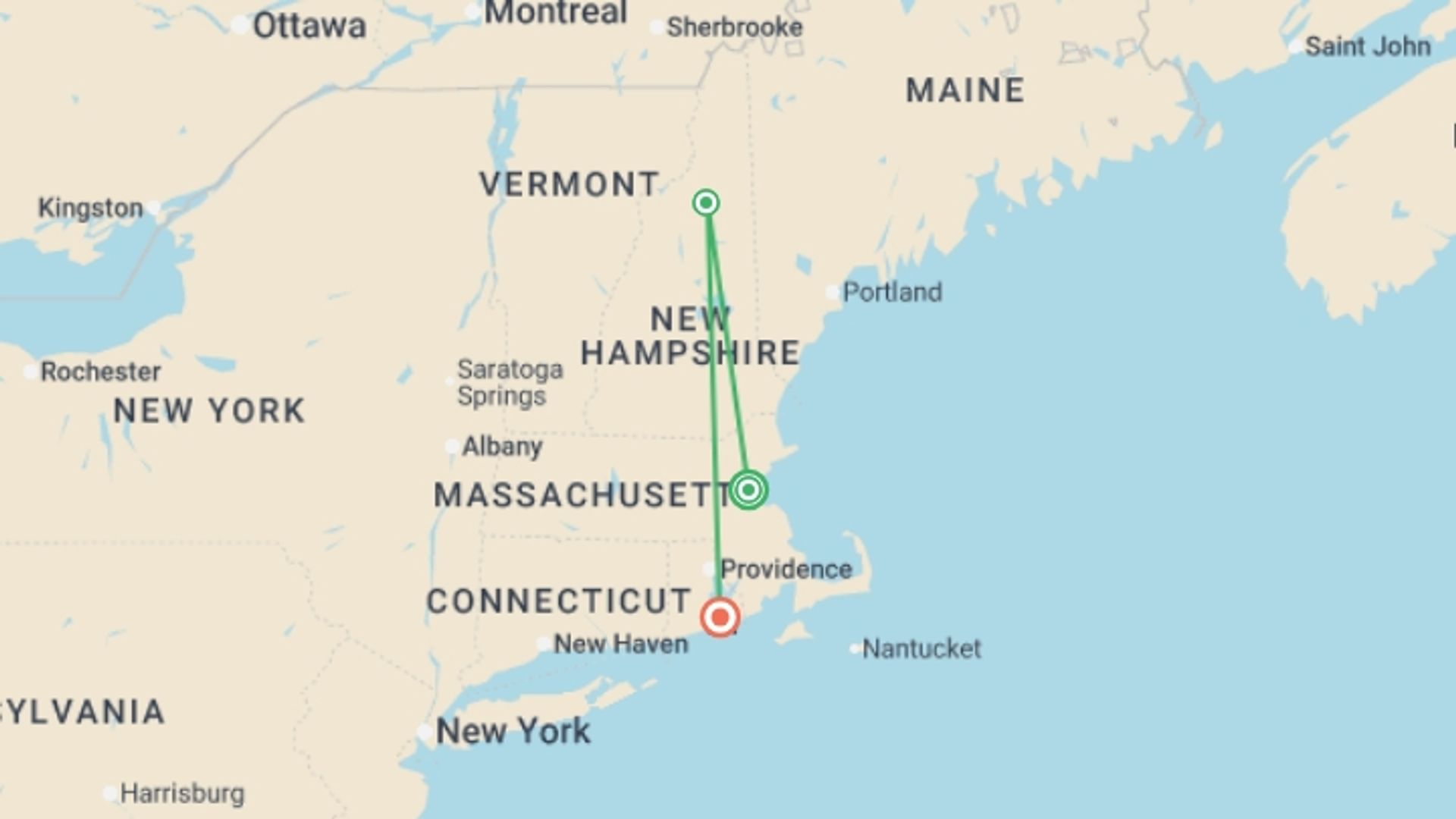 A map showing the tour itinerary for the trip: New England Holiday, starting in Boston, USA and ending in Newport, RI, USA going through 2 other destinations.