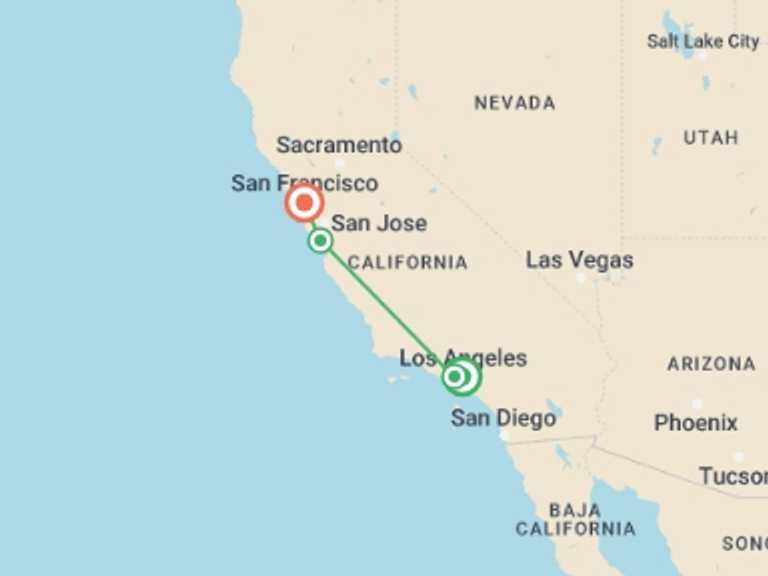 Map of a Road Tour with 4 destination visits for the trip: USA Road Trip- Highway 1 and San Fran Sun