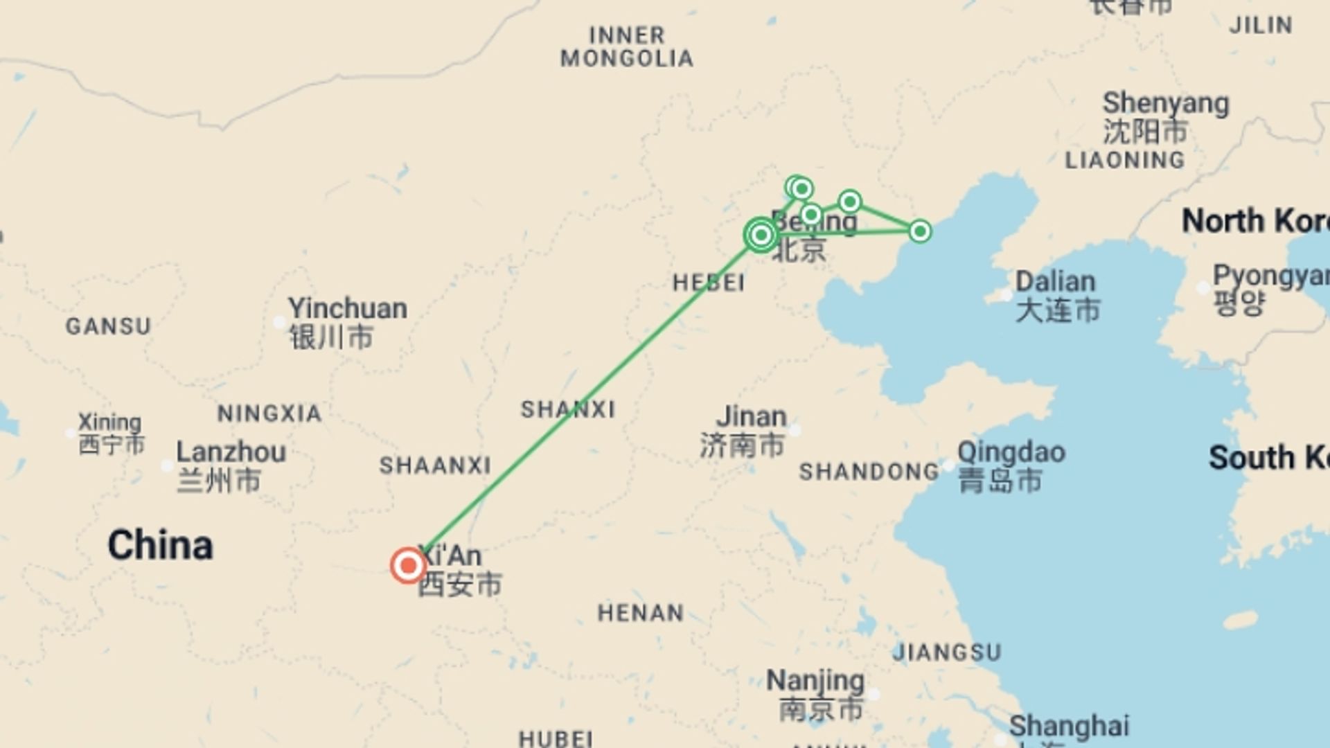 A map showing the tour itinerary for the trip: Walk the Great Wall + Xian Extension, starting in Beijing, China and ending in Xian, China going through 6 other destinations.