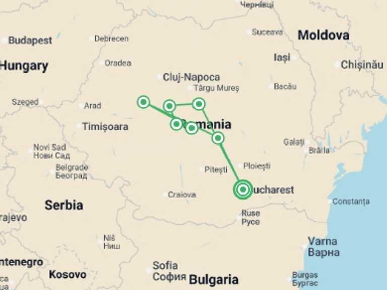 Map itinerary of Balkans Tour in September 2026 with 7 destination visits for the trip: Cycle Romania