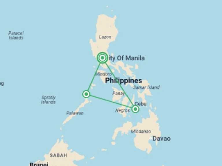 Map of Manila Explorer Tour with 3 destination visits for the trip: Manila, Bohol & El Nido (5 Star) - 8 days