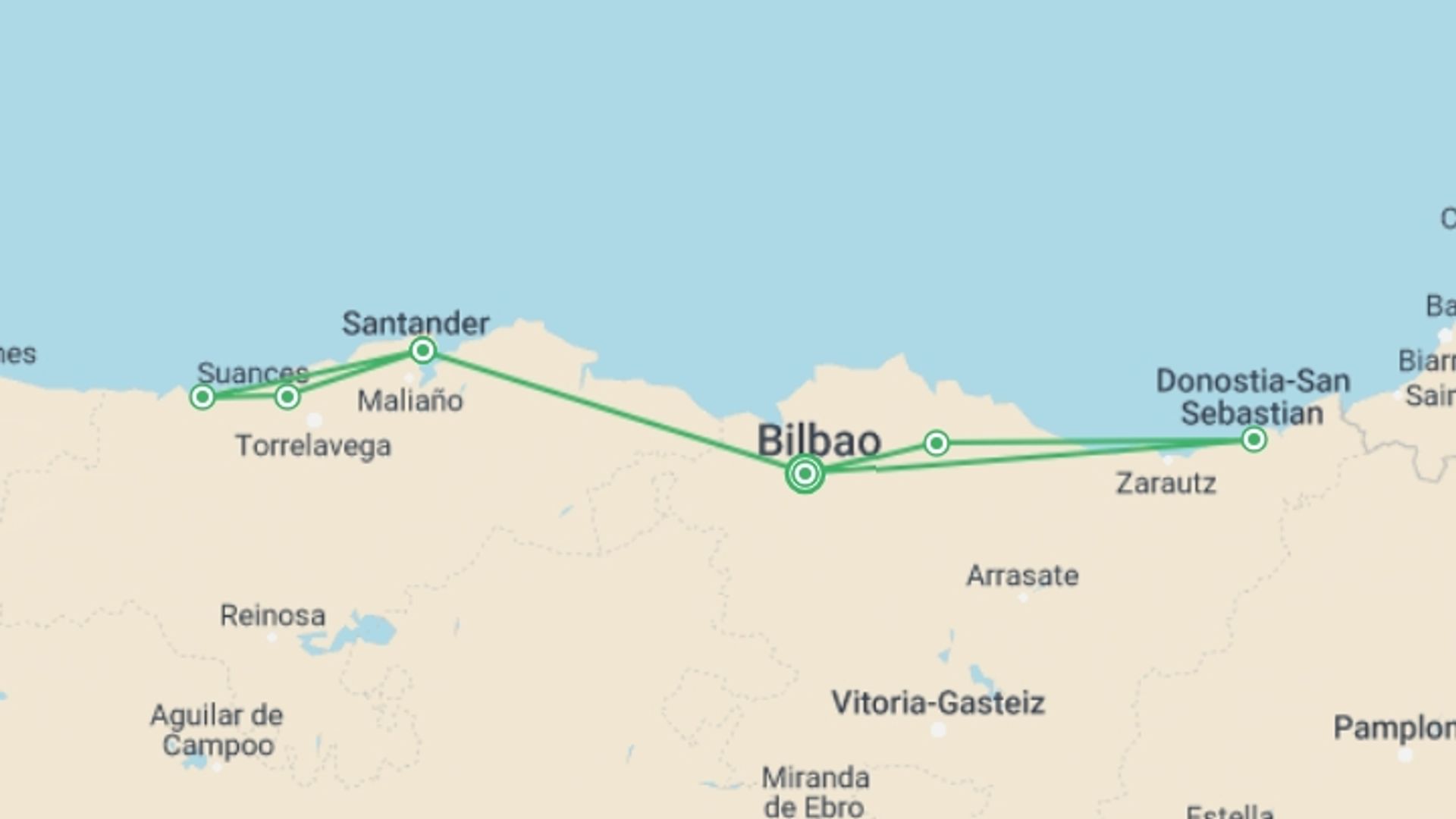 A map showing the tour itinerary for the trip: Bilbao And Santander, Self-drive, starting in Bilbao, Spain and ending in Bilbao, Spain going through 1 other destinations.