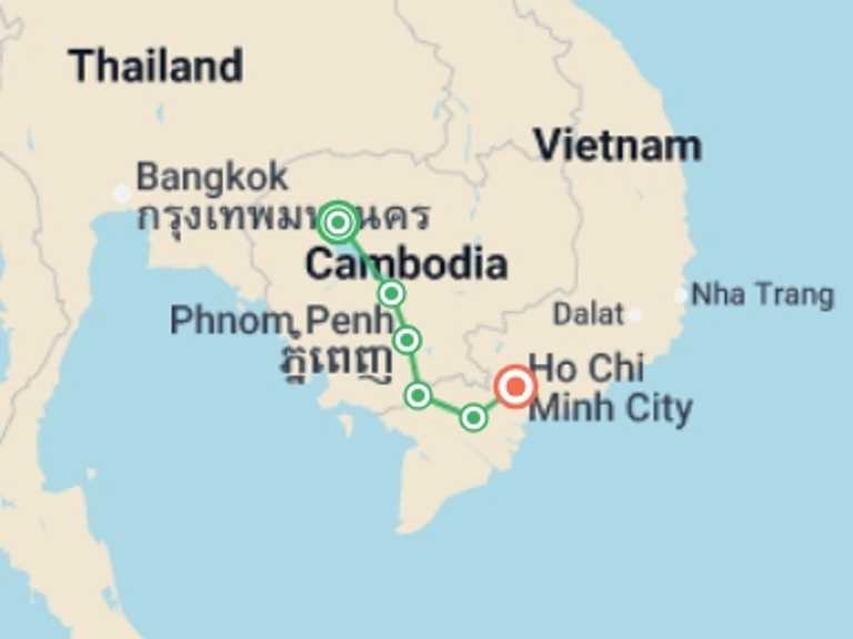 Map of 9-Day Ho Chi Minh City Tour with 6 destination visits for the trip: The Mekong in a different way - Between adventure and must-see sites (port-to-port cruise)