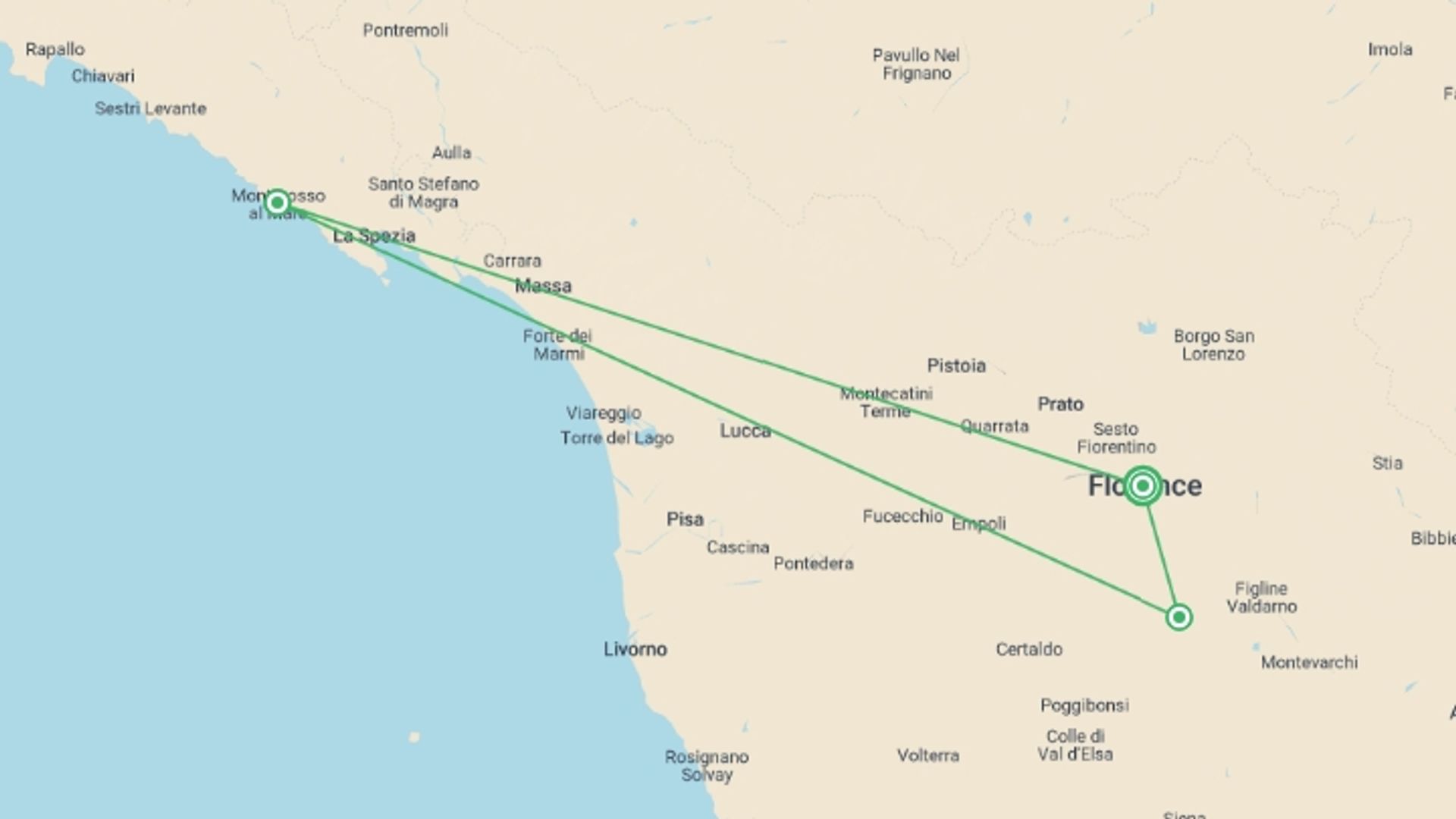 A map showing the tour itinerary for the trip: Tuscany to Cinque Terre: Wines, Villages & Unforgettable Walks, starting in Florence, Italy and ending in Florence, Italy going through 2 other destinations.