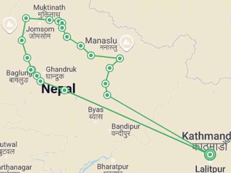 Map of 18-Day Kathmandu Tour with 18 destination visits for the trip: Around Annapurna Trek