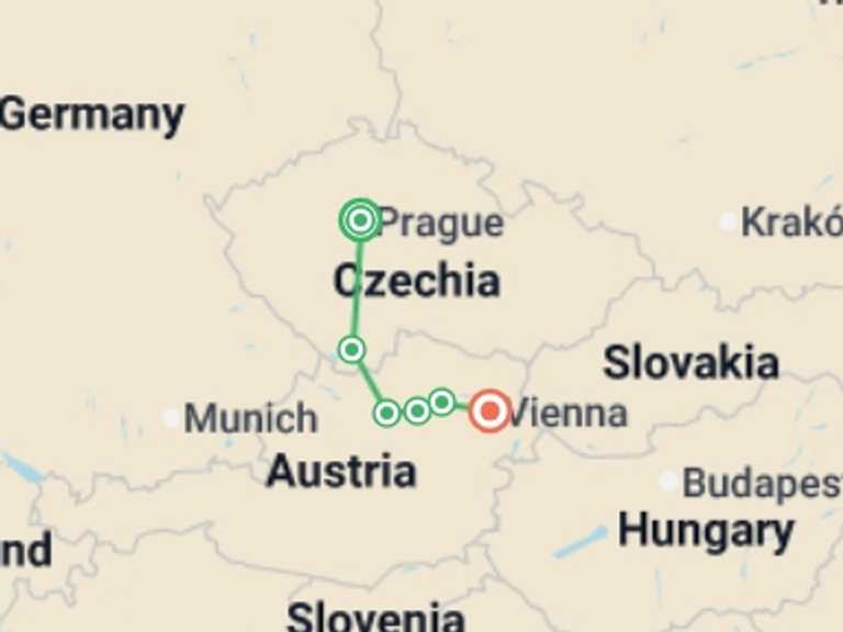 Map of Cesky Krumlov Tour with 6 destination visits for the trip: Cycle Prague to Vienna