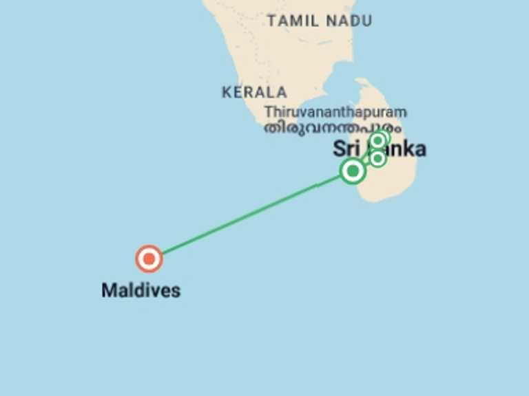 Map itinerary of Asia Tour in June 2026 with 5 destination visits for the trip: Sri Lanka & the Maldives - 10 days