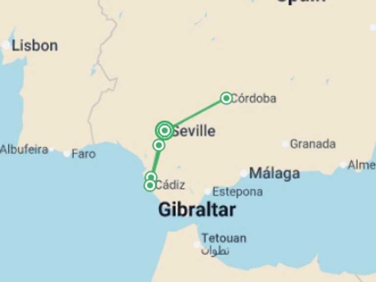 Map itinerary of Europe Tour in April 2027 with 3 destination visits for the trip: The Splendors of Andalusia Along the Guadalquivir Seville, Cordoba and Cadiz: the must-sees in an all-inclusive package (port-to-port cruise)