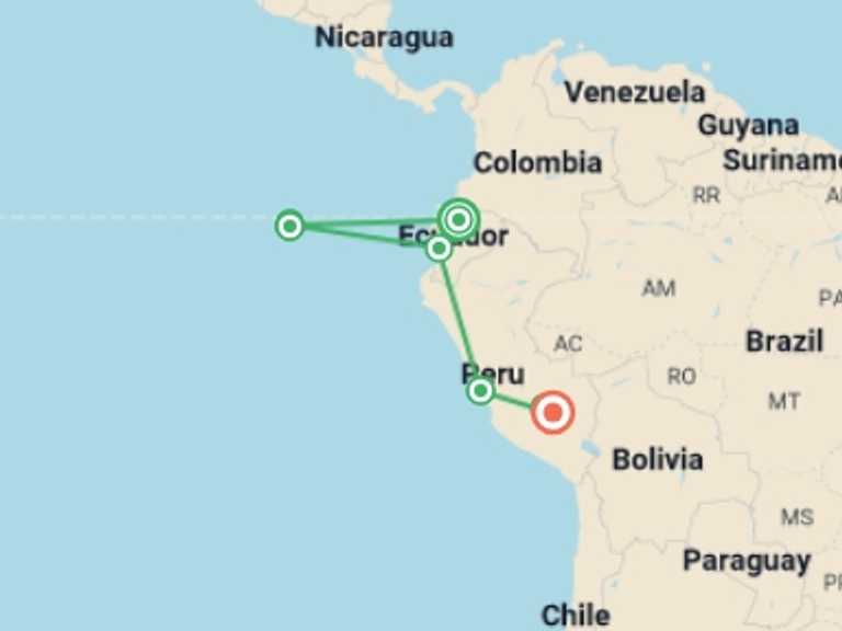 Map itinerary of South America Tour in February 2026 with 5 destination visits for the trip: Quito, Galapagos & Peru (Superior) - 11 days