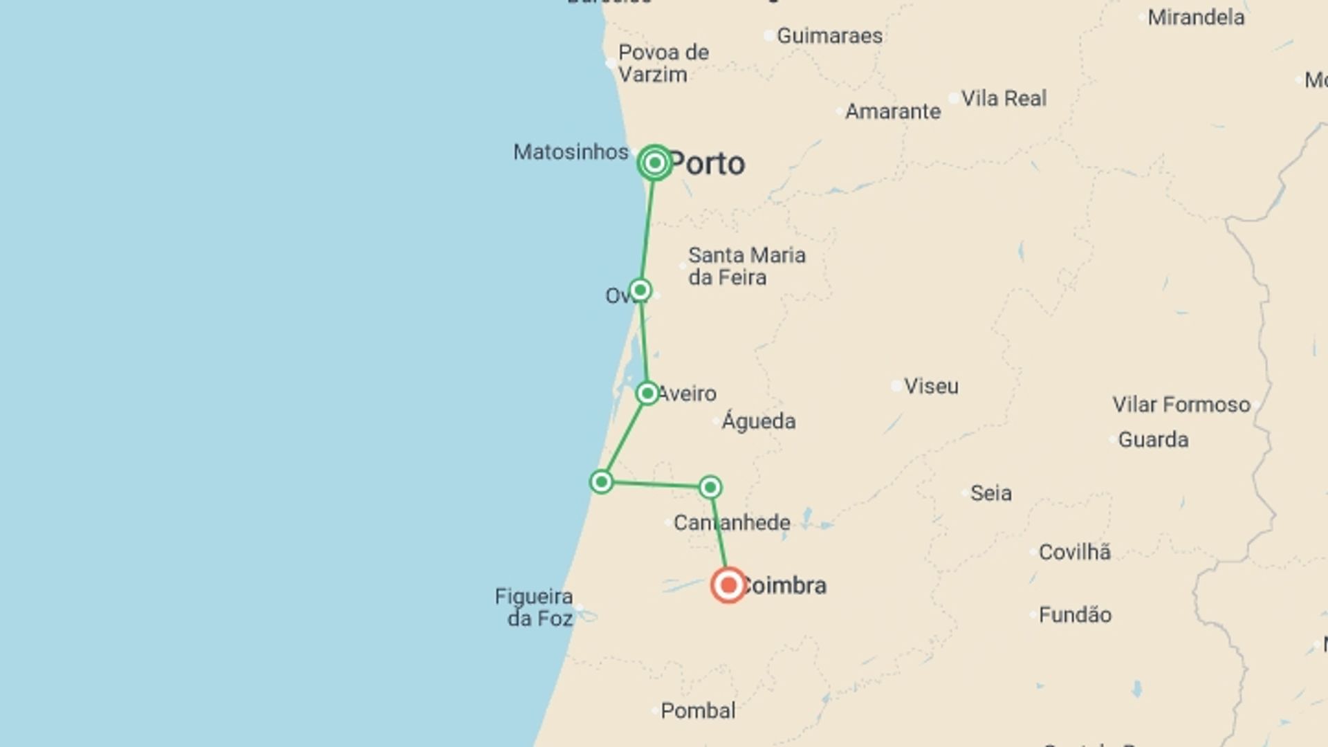 A map showing the tour itinerary for the trip: Porto to Coimbra Cycling, starting in Porto, Portugal and ending in Coimbra, Portugal going through 4 other destinations.