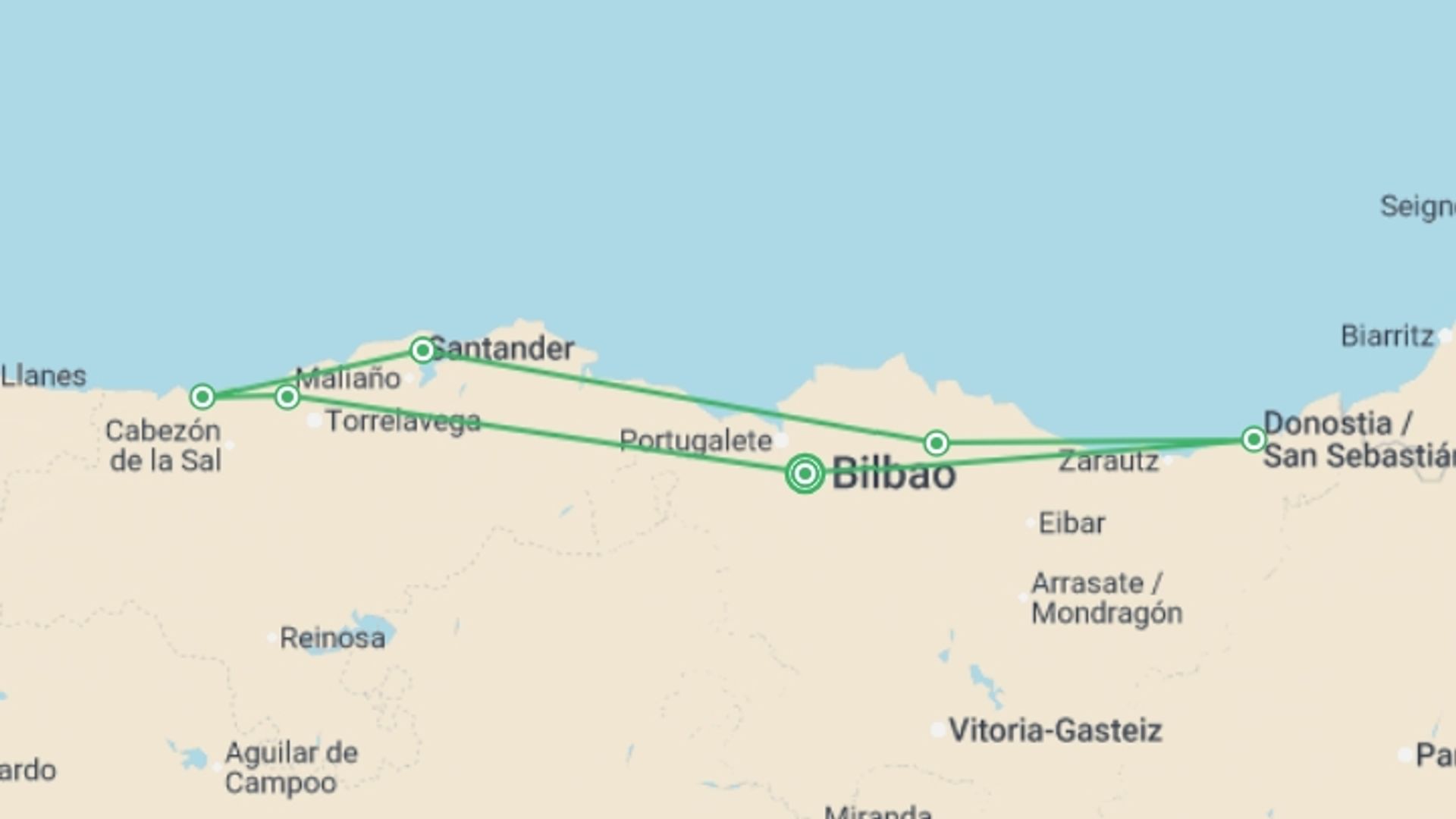 A map showing the tour itinerary for the trip: Bilbao And Santander, Self-drive, starting in Bilbao, Spain and ending in Bilbao, Spain going through 1 other destinations.