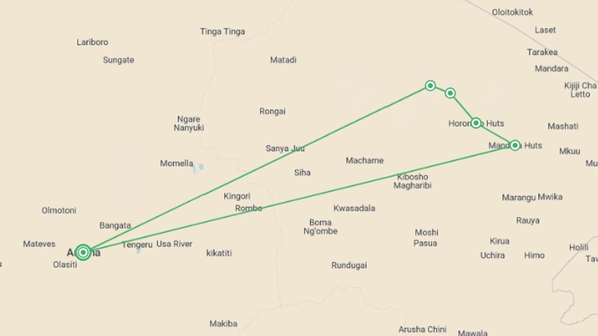 A map showing the tour itinerary for the trip: 6 Days Mount Kilimanjaro Climbing Marangu Route, starting in Arusha, Tanzania and ending in Arusha, Tanzania going through 5 other destinations.