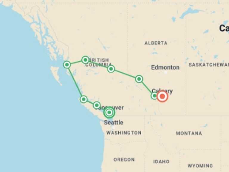 Map of Canada Natural landmarks sightseeing Tour with 9 destination visits for the trip: Vancouver Island & Northern Rockies