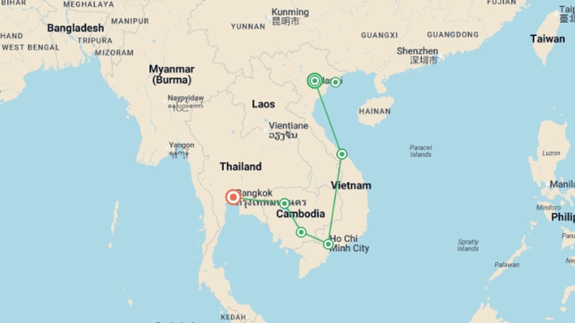 A map showing the tour itinerary for the trip: Journey to Angkor Wat & Bangkok - 16 days, starting in Hanoi, Vietnam and ending in Bangkok, Thailand going through 5 other destinations.