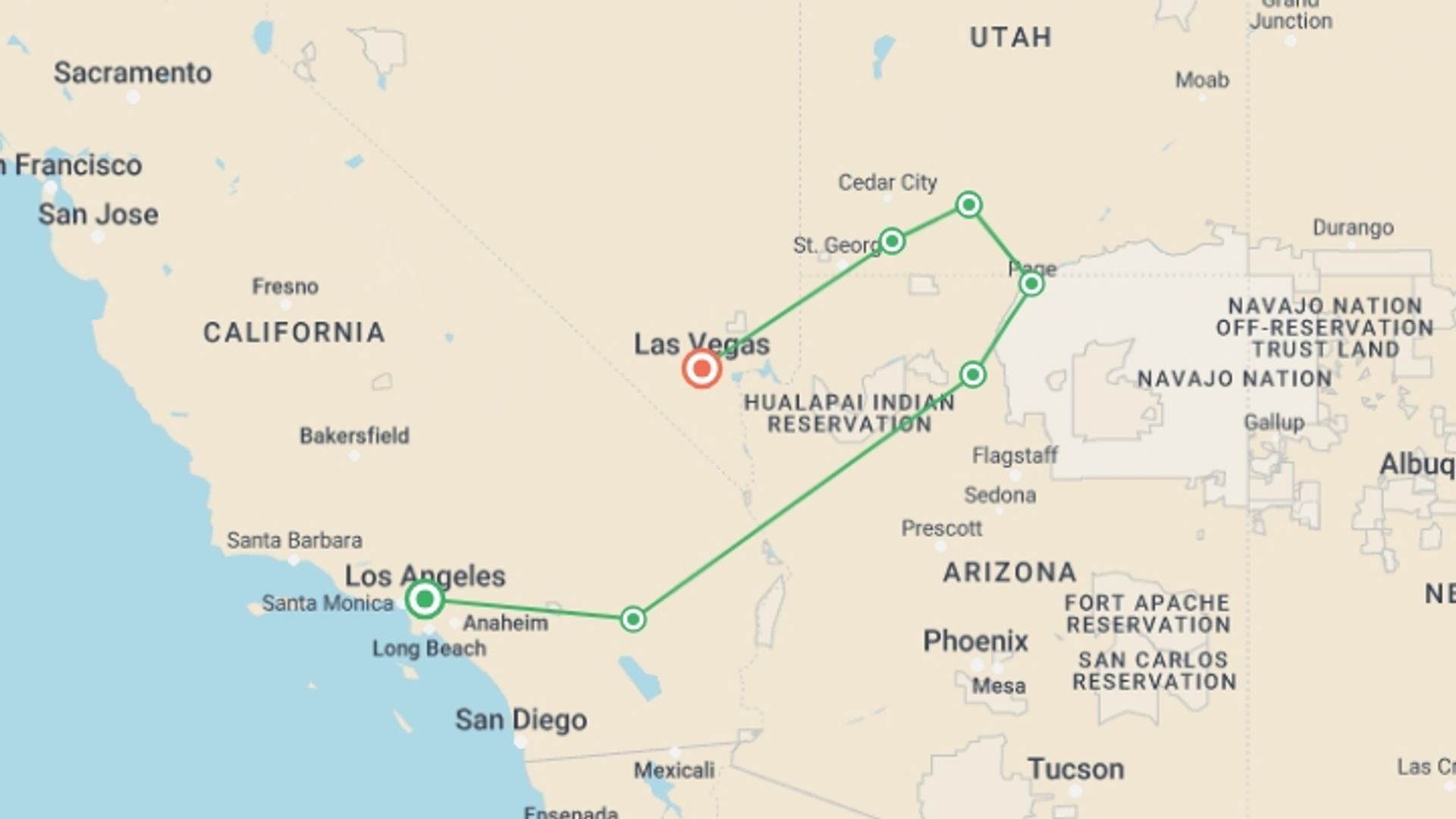 A map showing the tour itinerary for the trip: USA Road Trip — Joshua Tree & the Southwest Parks, starting in Los Angeles, USA and ending in Las Vegas, USA going through 5 other destinations.